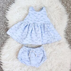 Arrows & Rubies | Handmade Blue Wave Print Peplum Top + Bloomers Set 2T